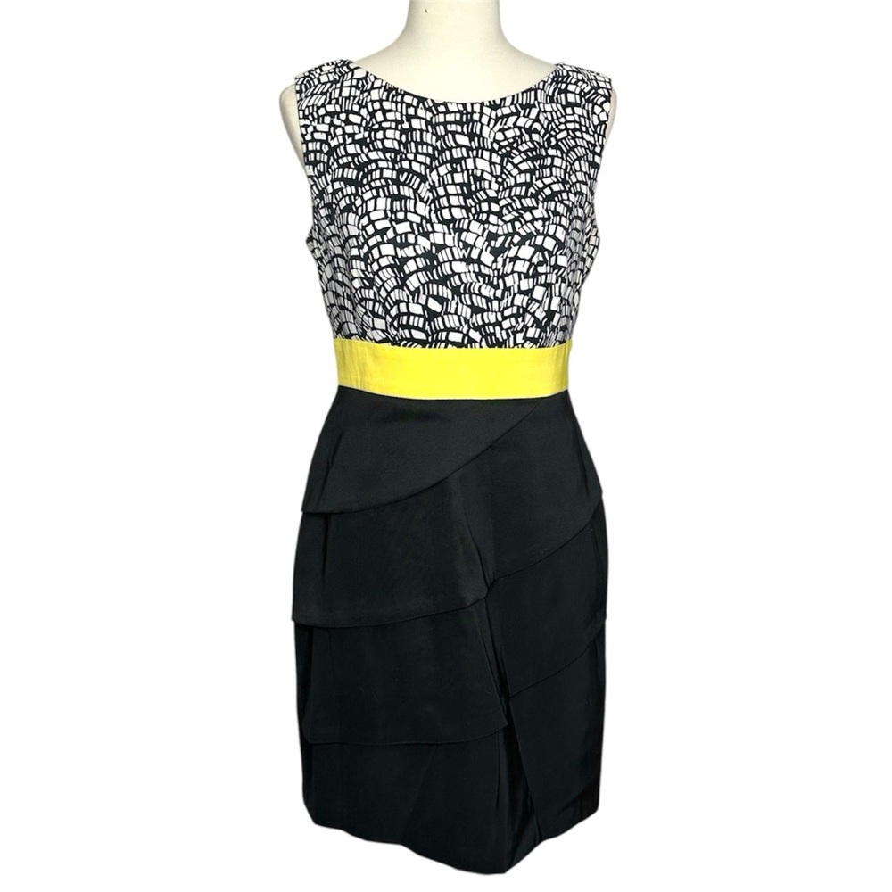 Dress Barn Black White Abstract Print Sleeveless Dress Yellow Waistband Size 8